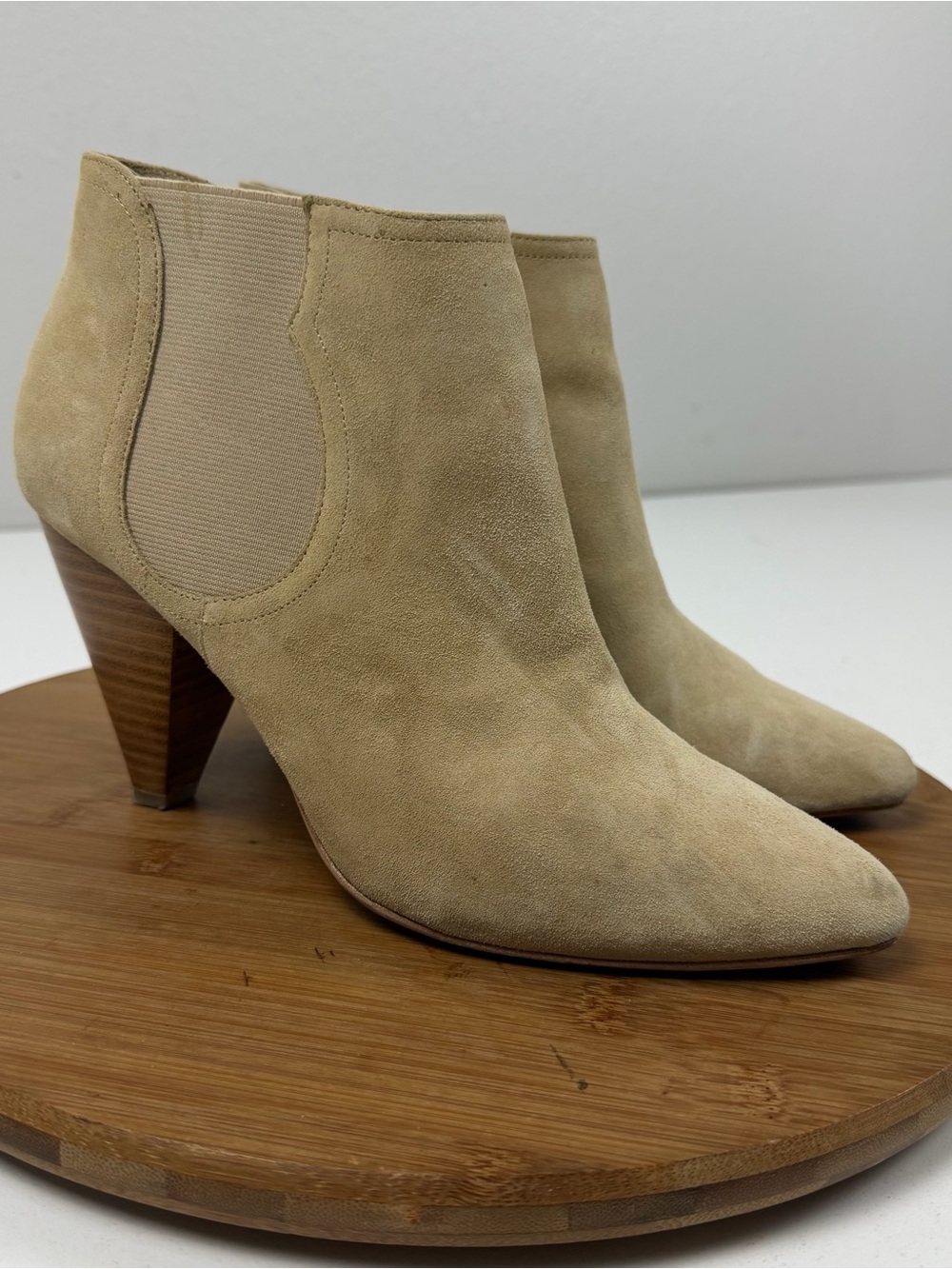 Joie Beige Suede Ankle Booties with Stacked Cone Heel
